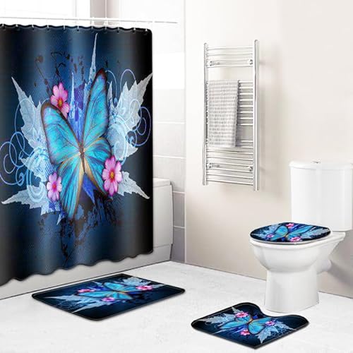 Badematten & Badteppiche Set 4 Teilig Badezimmerteppich Waschbar Badematte rutschfest,Wc Vorleger Mit Ausschnitt Badematte Und Duschvorhang,Badvorleger Toilette Teppich 50×80Cm Blauer Schmetterling von malxlaw