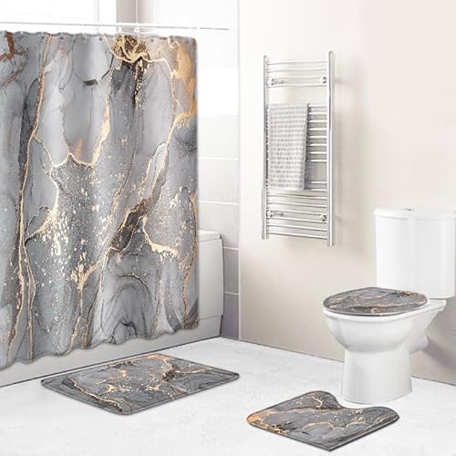 Badematten & Badteppiche Set 4 Teilig Badezimmerteppich Waschbar Badematte rutschfest,Wc Vorleger Mit Ausschnitt Badematte Und Duschvorhang,Badvorleger Toilette Teppich 50×80Cm Braun Grau von malxlaw