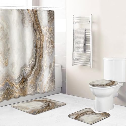 Badematten & Badteppiche Set 4 Teilig Badezimmerteppich Waschbar Badematte rutschfest,Wc Vorleger Mit Ausschnitt Badematte Und Duschvorhang,Badvorleger Toilette Teppich 50×80Cm Braun Marmor von malxlaw