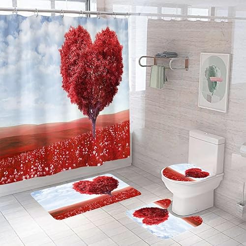 Badematten & Badteppiche Set 4 Teilig Badezimmerteppich Waschbar Badematte rutschfest,Wc Vorleger Mit Ausschnitt Badematte Und Duschvorhang,Badvorleger Toilette Teppich 50×80Cm Der Gebebaum von malxlaw