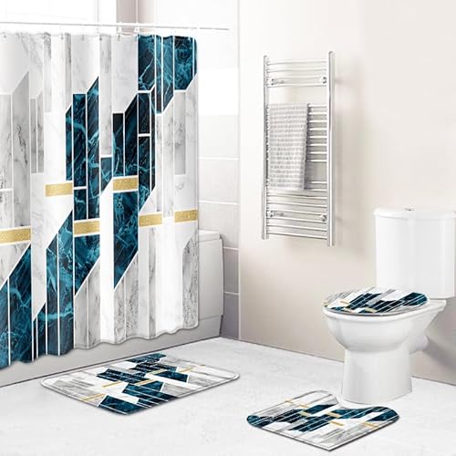 Badematten & Badteppiche Set 4 Teilig Badezimmerteppich Waschbar Badematte rutschfest,Wc Vorleger Mit Ausschnitt Badematte Und Duschvorhang,Badvorleger Toilette Teppich 50×80Cm Geometrischer Marmor von malxlaw