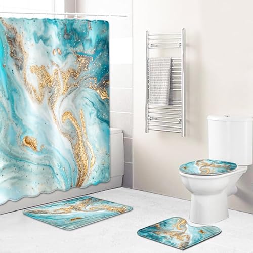 Badematten & Badteppiche Set 4 Teilig Badezimmerteppich Waschbar Badematte rutschfest,Wc Vorleger Mit Ausschnitt Badematte Und Duschvorhang,Badvorleger Toilette Teppich 50×80Cm Goldblau von malxlaw