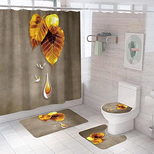 Badematten & Badteppiche Set 4 Teilig Badezimmerteppich Waschbar Badematte rutschfest,Wc Vorleger Mit Ausschnitt Badematte Und Duschvorhang,Badvorleger Toilette Teppich 50×80Cm Goldenes Blatt von malxlaw