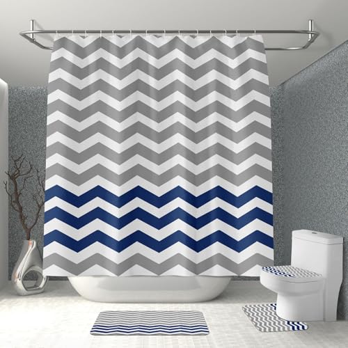 Badematten & Badteppiche Set 4 Teilig Badezimmerteppich Waschbar Badematte rutschfest,Wc Vorleger Mit Ausschnitt Badematte Und Duschvorhang,Badvorleger Toilette Teppich 50×80Cm Grau Blau von malxlaw