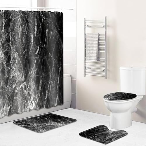Badematten & Badteppiche Set 4 Teilig Badezimmerteppich Waschbar Badematte rutschfest,Wc Vorleger Mit Ausschnitt Badematte Und Duschvorhang,Badvorleger Toilette Teppich 50×80Cm Grauer Riss von malxlaw