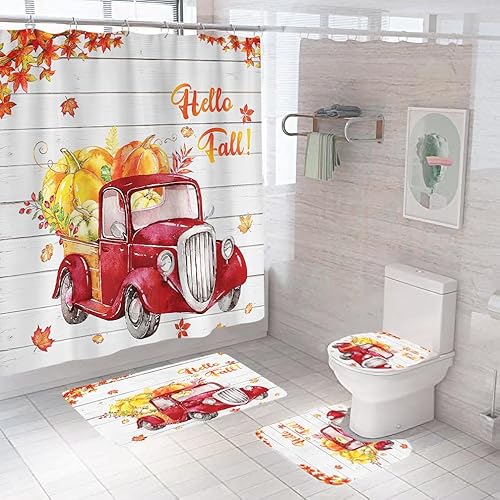 Badematten & Badteppiche Set 4 Teilig Badezimmerteppich Waschbar Badematte rutschfest,Wc Vorleger Mit Ausschnitt Badematte Und Duschvorhang,Badvorleger Toilette Teppich 50×80Cm Kürbis von malxlaw