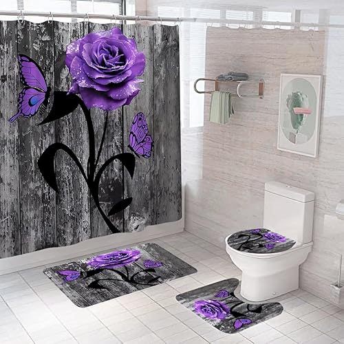 Badematten & Badteppiche Set 4 Teilig Badezimmerteppich Waschbar Badematte rutschfest,Wc Vorleger Mit Ausschnitt Badematte Und Duschvorhang,Badvorleger Toilette Teppich 50×80Cm Lila Rose Badematten & Badteppiche Set 4 Teilig Badezimmerteppich Waschbar Badematte rutschfest,Wc Vorleger Mit Ausschnitt Badematte Und Duschvorhang,Badvorleger Toilette Teppich 50×80Cm Lila Rose von malxlaw
