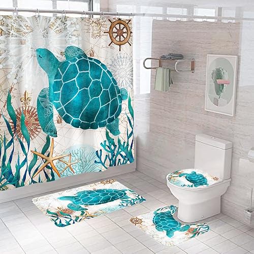 Badematten & Badteppiche Set 4 Teilig Badezimmerteppich Waschbar Badematte rutschfest,Wc Vorleger Mit Ausschnitt Badematte Und Duschvorhang,Badvorleger Toilette Teppich 50×80Cm Meeresschildkröte von malxlaw