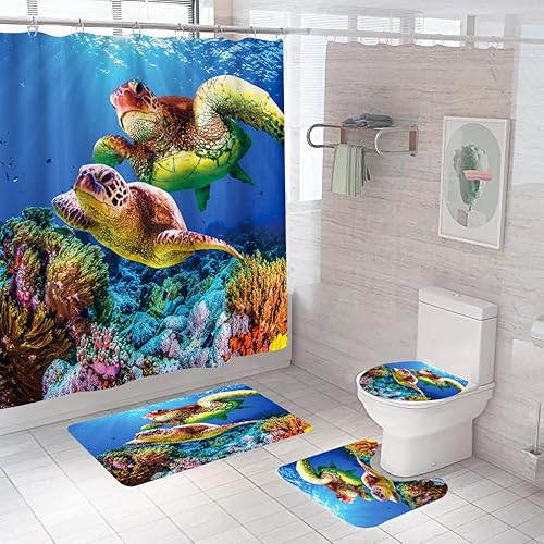 Badematten & Badteppiche Set 4 Teilig Badezimmerteppich Waschbar Badematte rutschfest,Wc Vorleger Mit Ausschnitt Badematte Und Duschvorhang,Badvorleger Toilette Teppich 50×80Cm Meeresschildkröte von malxlaw
