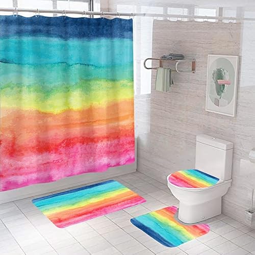 Badematten & Badteppiche Set 4 Teilig Badezimmerteppich Waschbar Badematte rutschfest,Wc Vorleger Mit Ausschnitt Badematte Und Duschvorhang,Badvorleger Toilette Teppich 50×80Cm Regenbogen von malxlaw