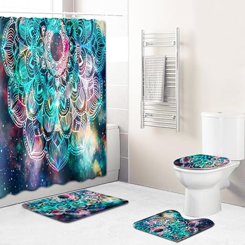 Badematten & Badteppiche Set 4 Teilig Badezimmerteppich Waschbar Badematte rutschfest,Wc Vorleger Mit Ausschnitt Badematte Und Duschvorhang,Badvorleger Toilette Teppich 50×80Cm Retro Mandala von malxlaw