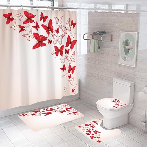 Badematten & Badteppiche Set 4 Teilig Badezimmerteppich Waschbar Badematte rutschfest,Wc Vorleger Mit Ausschnitt Badematte Und Duschvorhang,Badvorleger Toilette Teppich 50×80Cm Roter Schmetterling Badematten & Badteppiche Set 4 Teilig Badezimmerteppich Waschbar Badematte rutschfest,Wc Vorleger Mit Ausschnitt Badematte Und Duschvorhang,Badvorleger Toilette Teppich 50×80Cm Roter Schmetterling von malxlaw