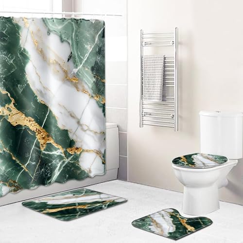 Badematten & Badteppiche Set 4 Teilig Badezimmerteppich Waschbar Badematte rutschfest,Wc Vorleger Mit Ausschnitt Badematte Und Duschvorhang,Badvorleger Toilette Teppich 50×80Cm Salbei Grün von malxlaw