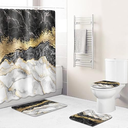 Badematten & Badteppiche Set 4 Teilig Badezimmerteppich Waschbar Badematte rutschfest,Wc Vorleger Mit Ausschnitt Badematte Und Duschvorhang,Badvorleger Toilette Teppich 50×80Cm Schwarzer Marmor von malxlaw