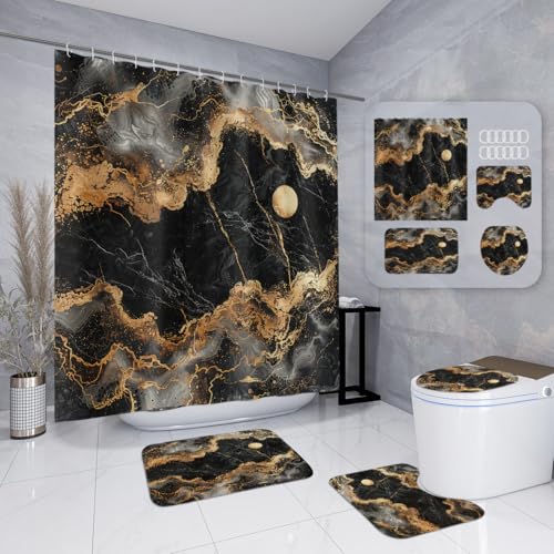 Badematten & Badteppiche Set 4 Teilig Badezimmerteppich Waschbar Badematte rutschfest,Wc Vorleger Mit Ausschnitt Badematte Und Duschvorhang,Badvorleger Toilette Teppich 50×80Cm Schwarzer Marmor von malxlaw