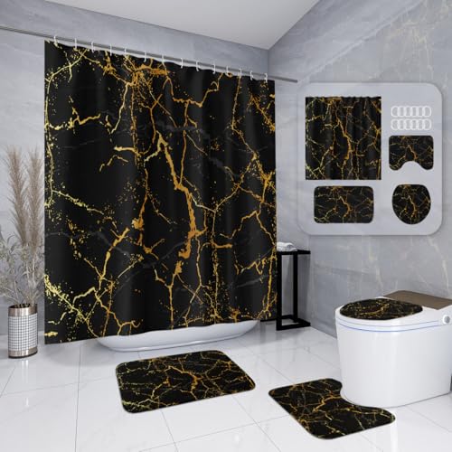 Badematten & Badteppiche Set 4 Teilig Badezimmerteppich Waschbar Badematte rutschfest,Wc Vorleger Mit Ausschnitt Badematte Und Duschvorhang,Badvorleger Toilette Teppich 50×80Cm Schwarzes Gold Badematten & Badteppiche Set 4 Teilig Badezimmerteppich Waschbar Badematte rutschfest,Wc Vorleger Mit Ausschnitt Badematte Und Duschvorhang,Badvorleger Toilette Teppich 50×80Cm Schwarzes Gold von malxlaw