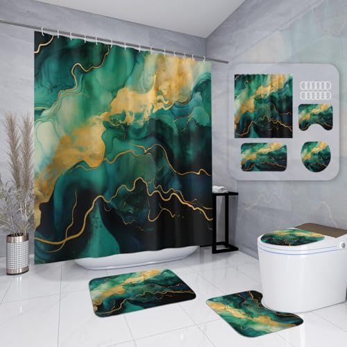 Badematten & Badteppiche Set 4 Teilig Badezimmerteppich Waschbar Badematte rutschfest,Wc Vorleger Mit Ausschnitt Badematte Und Duschvorhang,Badvorleger Toilette Teppich 50×80Cm Schwarzgrün Badematten & Badteppiche Set 4 Teilig Badezimmerteppich Waschbar Badematte rutschfest,Wc Vorleger Mit Ausschnitt Badematte Und Duschvorhang,Badvorleger Toilette Teppich 50×80Cm Schwarzgrün von malxlaw