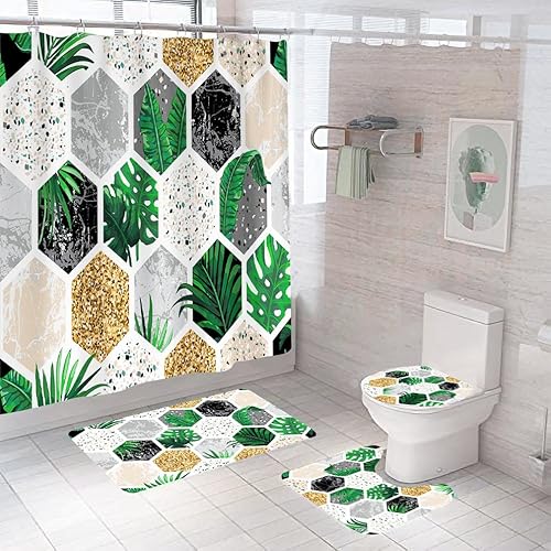 Badematten & Badteppiche Set 4 Teilig Badezimmerteppich Waschbar Badematte rutschfest,Wc Vorleger Mit Ausschnitt Badematte Und Duschvorhang,Badvorleger Toilette Teppich 50×80Cm Tropische Blätter Badematten & Badteppiche Set 4 Teilig Badezimmerteppich Waschbar Badematte rutschfest,Wc Vorleger Mit Ausschnitt Badematte Und Duschvorhang,Badvorleger Toilette Teppich 50×80Cm Tropische Blätter von malxlaw