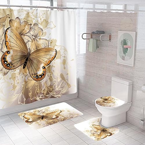 Badgarnitur 3 Teilig Badezimmerteppich Waschbar Badematte rutschfest,Wc Vorleger Mit Ausschnitt Und Badematte, Badvorleger Toilette Teppich 45X75Cm Goldener Schmetterling Badgarnitur 3 Teilig Badezimmerteppich Waschbar Badematte rutschfest,Wc Vorleger Mit Ausschnitt Und Badematte, Badvorleger Toilette Teppich 45X75Cm Goldener Schmetterling von malxlaw