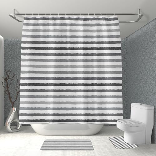 Badgarnitur 3 Teilig Badezimmerteppich Waschbar Badematte rutschfest,Wc Vorleger Mit Ausschnitt Und Badematte, Badvorleger Toilette Teppich 45X75Cm Grauer Streifen von malxlaw