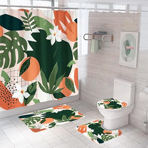Badgarnitur 3 Teilig Badezimmerteppich Waschbar Badematte rutschfest,Wc Vorleger Mit Ausschnitt Und Badematte, Badvorleger Toilette Teppich 45X75Cm Grüne Blätter von malxlaw