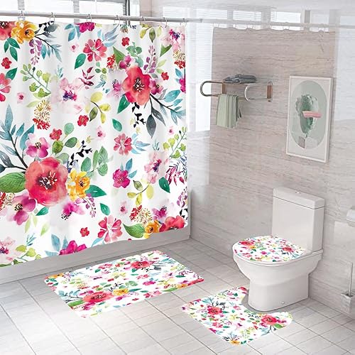 Badgarnitur 3 Teilig Badezimmerteppich Waschbar Badematte rutschfest,Wc Vorleger Mit Ausschnitt Und Badematte, Badvorleger Toilette Teppich 45X75Cm Rosa Blumen von malxlaw