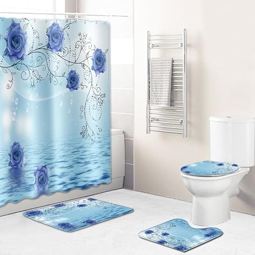 Badgarnitur 4 Teilig Badezimmerteppich Waschbar Badematte rutschfest,Wc Vorleger Mit Ausschnitt Badematte Und Duschvorhang,Badvorleger Toilette Teppich 45X75Cm Blaue Blumen von malxlaw
