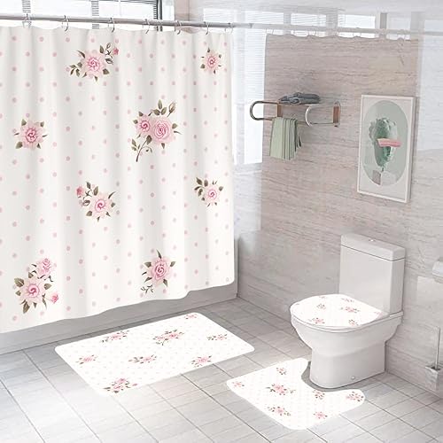 Badgarnitur 4 Teilig Badezimmerteppich Waschbar Badematte rutschfest,Wc Vorleger Mit Ausschnitt Badematte Und Duschvorhang,Badvorleger Toilette Teppich 45X75Cm Blumen von malxlaw