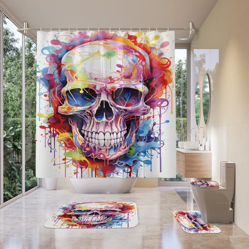Badgarnitur 4 Teilig Badezimmerteppich Waschbar Badematte rutschfest,Wc Vorleger Mit Ausschnitt Badematte Und Duschvorhang,Badvorleger Toilette Teppich 45X75Cm Buntes Skelett Badgarnitur 4 Teilig Badezimmerteppich Waschbar Badematte rutschfest,Wc Vorleger Mit Ausschnitt Badematte Und Duschvorhang,Badvorleger Toilette Teppich 45X75Cm Buntes Skelett von malxlaw
