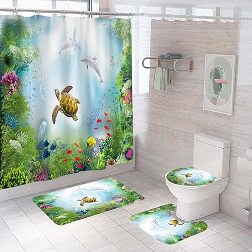 Badgarnitur 4 Teilig Badezimmerteppich Waschbar Badematte rutschfest,Wc Vorleger Mit Ausschnitt Badematte Und Duschvorhang,Badvorleger Toilette Teppich 45X75Cm Meerestier von malxlaw