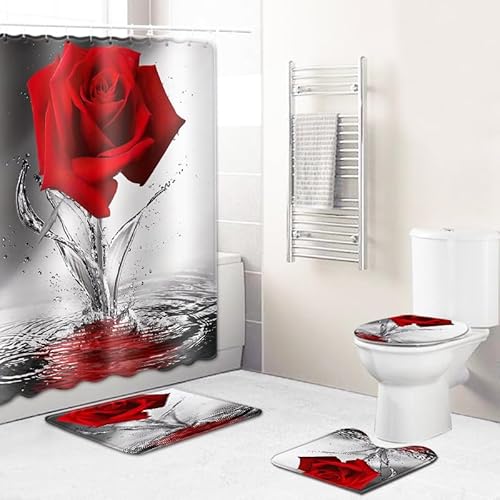 Badgarnitur 4 Teilig Badezimmerteppich Waschbar Badematte rutschfest,Wc Vorleger Mit Ausschnitt Badematte Und Duschvorhang,Badvorleger Toilette Teppich 45X75Cm Rose von malxlaw
