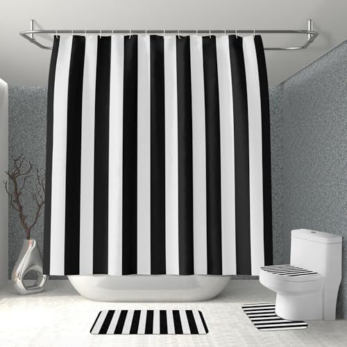 Badgarnitur 4 Teilig Badezimmerteppich Waschbar Badematte rutschfest,Wc Vorleger Mit Ausschnitt Badematte Und Duschvorhang,Badvorleger Toilette Teppich 45X75Cm Schwarzer Streifen von malxlaw
