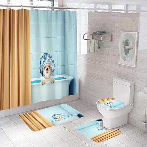 Duschvorhang Duschvorhänge Anti-Schimmel, Waschbar Polyester Duschvorhang Badewanne Mit 12 Ringe,Badewanne Vorhang Schnell Trocknend Für Badezimmer 180X180Cm Bad Welpen von malxlaw