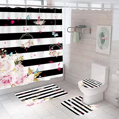 Duschvorhang Duschvorhänge Anti-Schimmel, Waschbar Polyester Duschvorhang Badewanne Mit 12 Ringe,Badewanne Vorhang Schnell Trocknend Für Badezimmer 180X180Cm Blumenstreifen von malxlaw