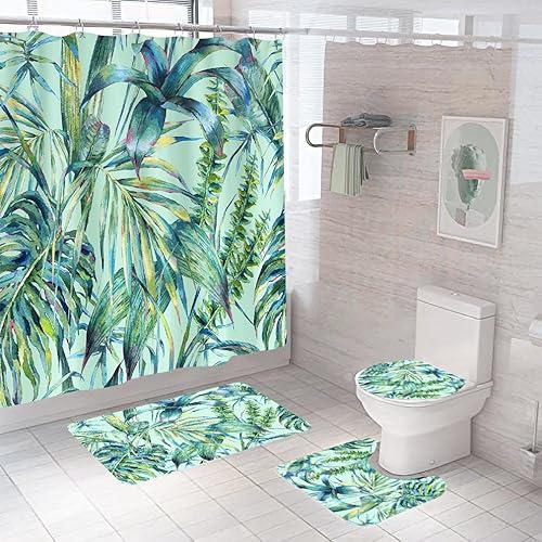 Duschvorhang Duschvorhänge Anti-Schimmel, Waschbar Polyester Duschvorhang Badewanne Mit 12 Ringe,Badewanne Vorhang Schnell Trocknend Für Badezimmer 180X180Cm Grüne Blätter von malxlaw