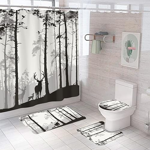 Duschvorhang Duschvorhänge Anti-Schimmel, Waschbar Polyester Duschvorhang Badewanne Mit 12 Ringe,Badewanne Vorhang Schnell Trocknend Für Badezimmer 180X180Cm Wälder Elch von malxlaw