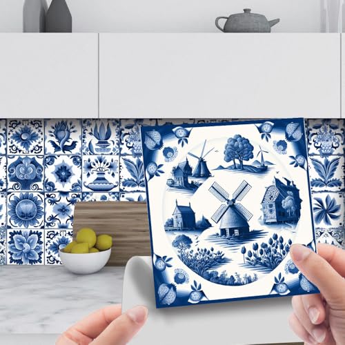 Fliesenaufkleber Blaue Windmühle PVC Klebefliesen Küche,Wasserfest Fliesenaufkleber Bad,DIY Selbstklebende Fliesen Für Bad & Küche,Fliesensticker Für Küchenrückwand 24 Stück(15x15cm) von malxlaw