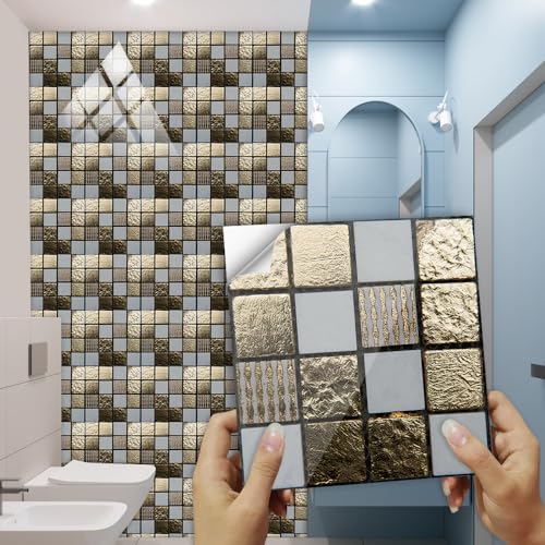 Fliesenaufkleber Goldenes Mosaik Küchen Smart Tiles,Klebefliesen Küche Selbstklebende Fliesen,Wasserfest Küchenrückwand Fliesen Aufkleber,Klebefliesen Bad 10 PC(20x20cm) von malxlaw