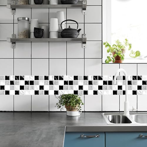 Fliesenaufkleber Schwarz-Weißes Mosaik PVC Klebefliesen Küche,Wasserfest Fliesenaufkleber Bad,DIY Selbstklebende Fliesen Für Bad & Küche,Fliesensticker Für Küchenrückwand 12 Stück(10x20cm) von malxlaw