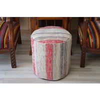 Weiß Rot Handgemachte Baumwolle Modern Pouf Ottoman Rund Boden Hocker Stuhl Innen Outdoor Dekoratives Nützliches Naturmaterial 18x18 Inch von mamcanart