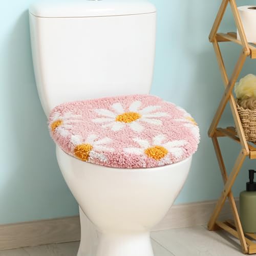 Toilettendeckel mit rosa Blumen, niedliches Gänseblümchen, maschinenwaschbar, schöne und weiche Badezimmer-Dekoration, geeignet für die meisten runden, ovalen und langen WC-Sitze (Rosa) von mamrug