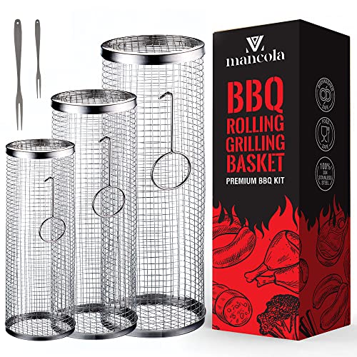 mancola 3 Stück Rolling Grillkorb - Zylindrischer Grillkorb - Edelstahl Rollender Grillkorb - BBQ Grillzubehör für Camping - für Outdoor Holzkohlegrill, Grillhalter für Pommes, Fisch, Garnelen，Gemüse von mancola