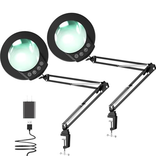 mandland 2 Stück 10X Lupe mit Licht und Klemme, beleuchtete Lupe aus echtem Glas mit 5 Farb & stufenloser Dimmbarkeit, freihändige Schreibtischlampe für Hobbys, Basteln, Lesen und Naharbeit (schwarz) von mandland