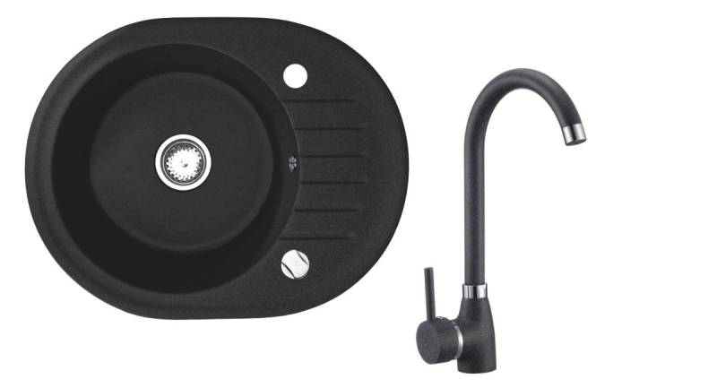 manestein Granitspüle Cari Granit Küchenspüle mit Schwarz Armatur und Siphon 60x47cm, Rund, 60/16 cm, mit Abtropffläche von manestein