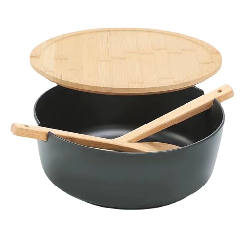 manhegari Salat Servierschüssel | Große Schüsseln zum Servieren mit Deckel - Aufbewahrungsbehälter aus Holz mit Löffel und Gabel für Haushalt Grillen Camping Obst Mahlzeitzubereitung Mittagessen von manhegari
