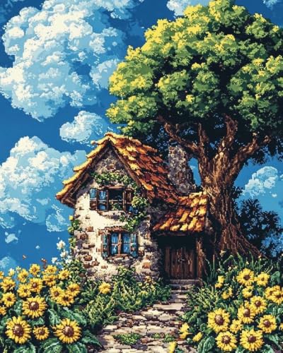 mantianhome Kreuzstich-Set mit Landschaftsstempel, kleines Haus neben einem großen Baum, Kreuzstich-Ornament-Set für Erwachsene und Anfänger, DIY-Stickerei DIY,40X50CM von mantianhome