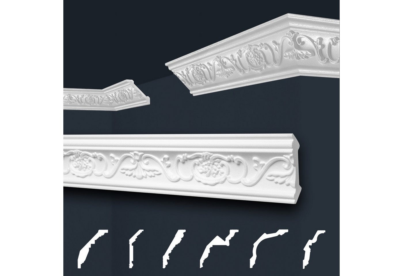 marbet design Stuckleiste B-06, Max Paket (bester Meterpreis), Deckenleisten Sparpaket aus Styropor EPS - Stuckleisten gemustert, leicht im traditionellen Design - 56 Stück / 112 Meter von marbet design