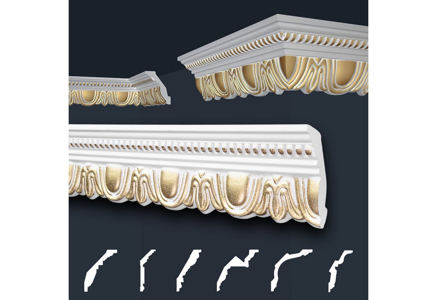 marbet design Stuckleiste B-34 gold, 40 Meter, Deckenleisten Sparpaket aus Styropor EPS - Stuckleisten gemustert gold-weiß, leicht im traditionellen Design - 20 Stück / 40 Meter von marbet design