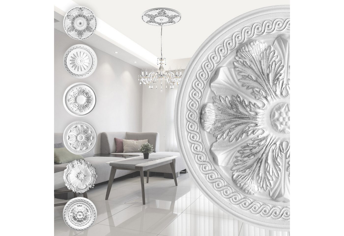 marbet design Wanddekoobjekt R-08 Silber (Stuckrosette silber aus EPS Styropor, Zierelement, Stuck Wanddeko Wohnzimmer Decke Polystyrol rund) von marbet design