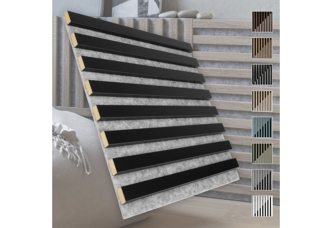 marbet design Wandpaneel, (Akustikpaneele Akustikquadrate 40x40cm Wandverkleidung Holz - (1 Paneel, grau - schwarz matt) Lamellenverkleidung Holzwand natur) von marbet design